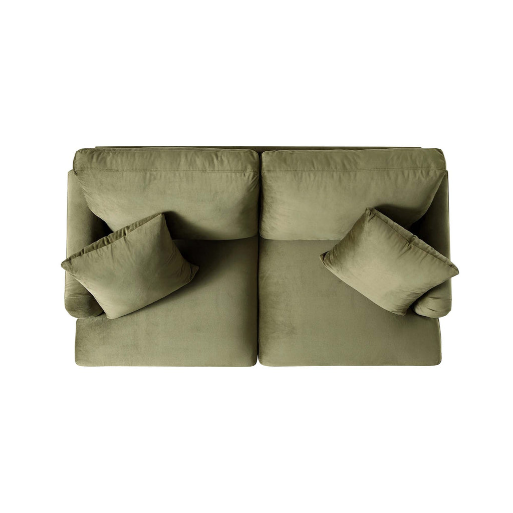 Brigette 2-Seater Olive Green Velvet Sofa with Antique Brass Castor Legs