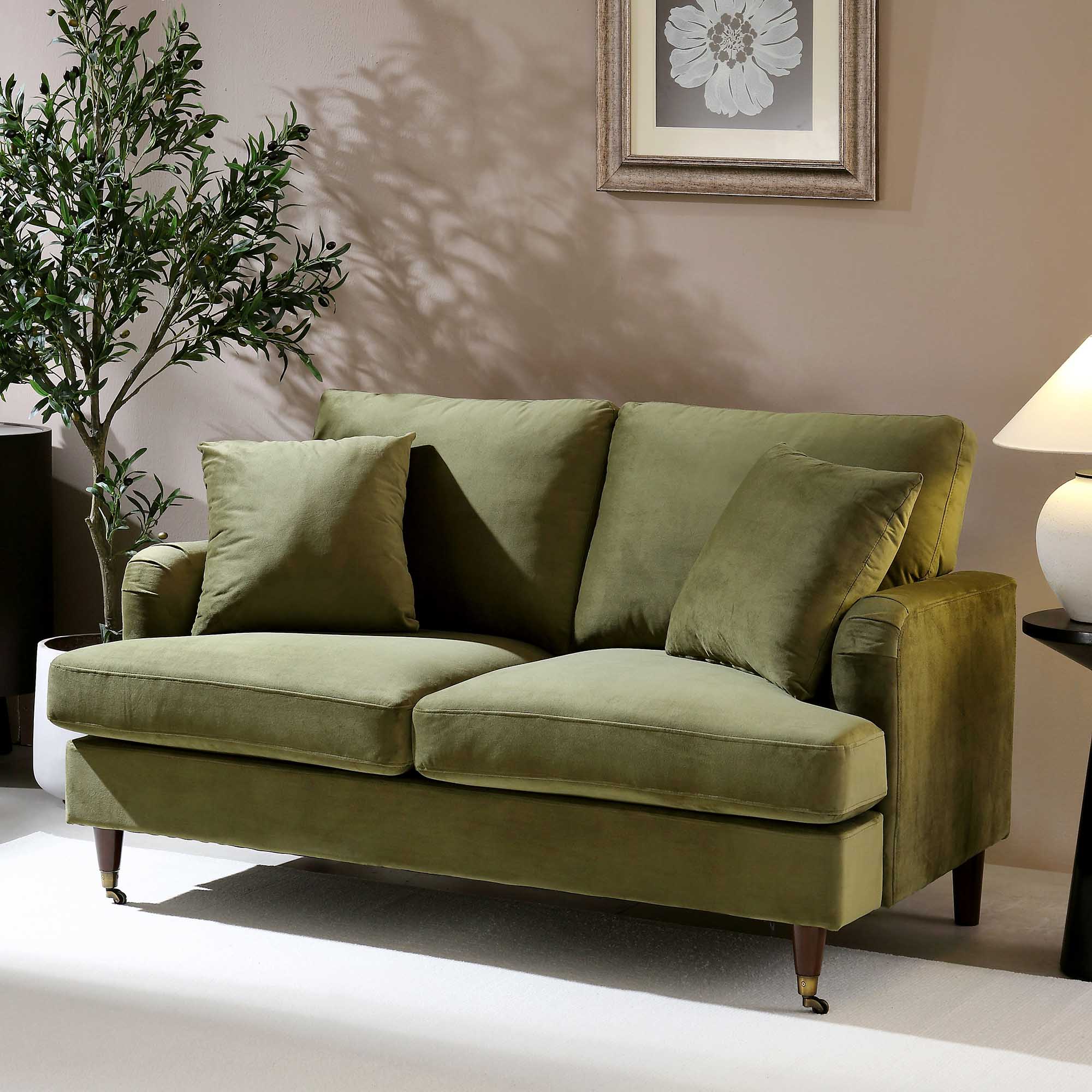 Brigette 2-Seater Olive Green Velvet Sofa with Antique Brass Castor Legs