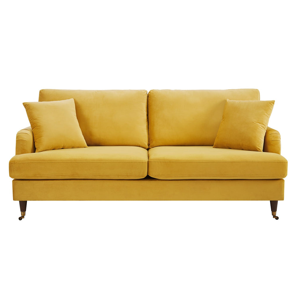 Brigette 3-Seater Mustard Velvet Sofa with Antique Brass Castor Legs