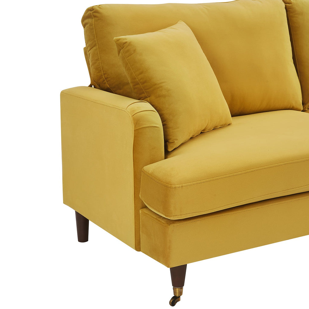 Brigette 3-Seater Mustard Velvet Sofa with Antique Brass Castor Legs