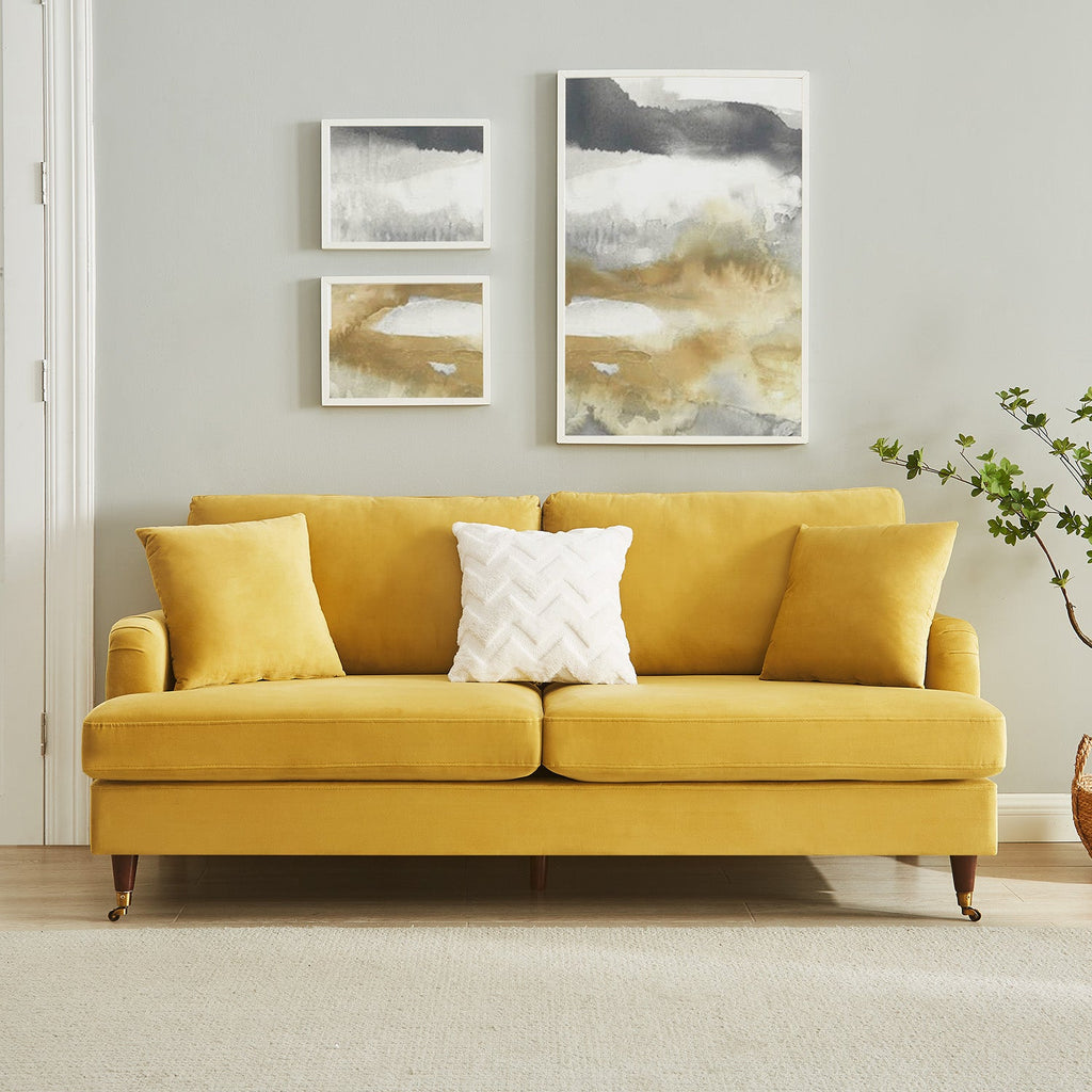 Brigette 3-Seater Mustard Velvet Sofa with Antique Brass Castor Legs