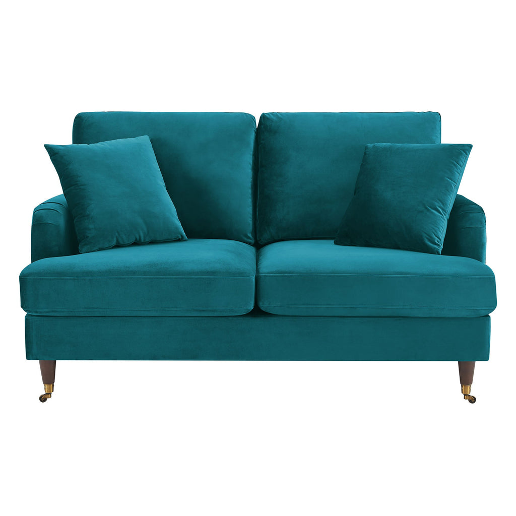 Brigette 2-Seater Teal Velvet Sofa with Antique Brass Castor Legs