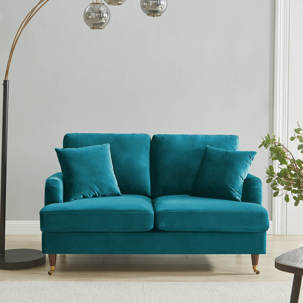 Brigette 2-Seater Teal Velvet Sofa with Antique Brass Castor Legs