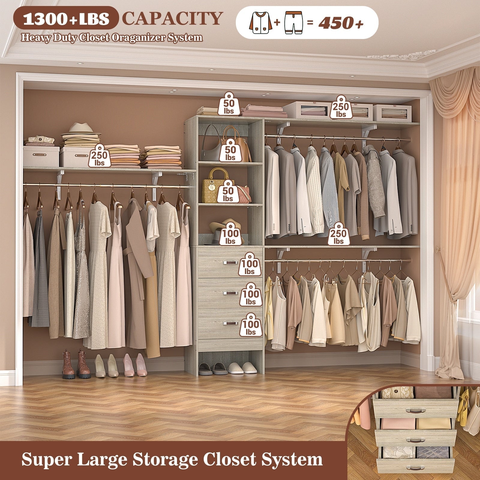Rackcog 120'' Adjustable Closet Organizer with Drawers, Closet System with DIY Shelves for Reach-in and Walk-in Closet