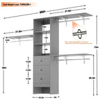 Rackcog 120'' Adjustable Closet Organizer with Drawers, Closet System with DIY Shelves for Reach-in and Walk-in Closet