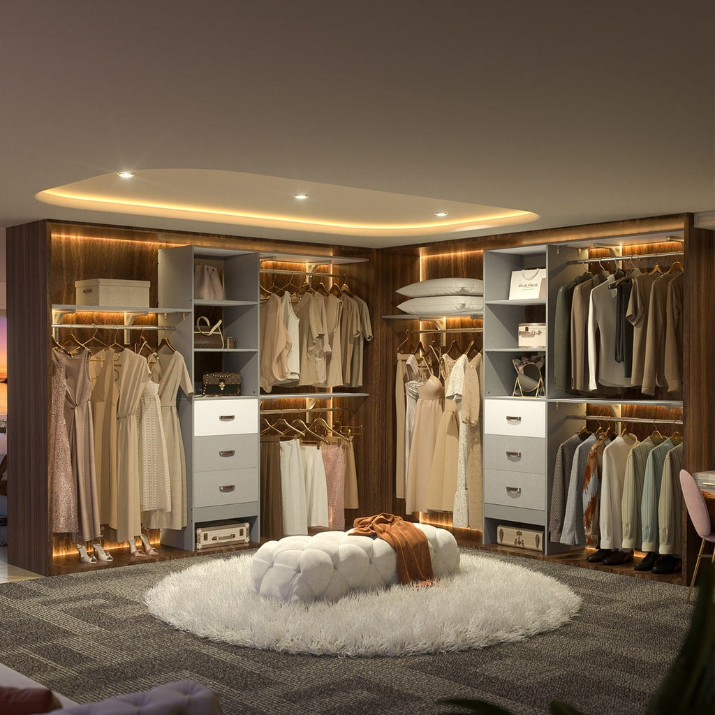 Rackcog 120'' Adjustable Closet Organizer with Drawers, Closet System with DIY Shelves for Reach-in and Walk-in Closet