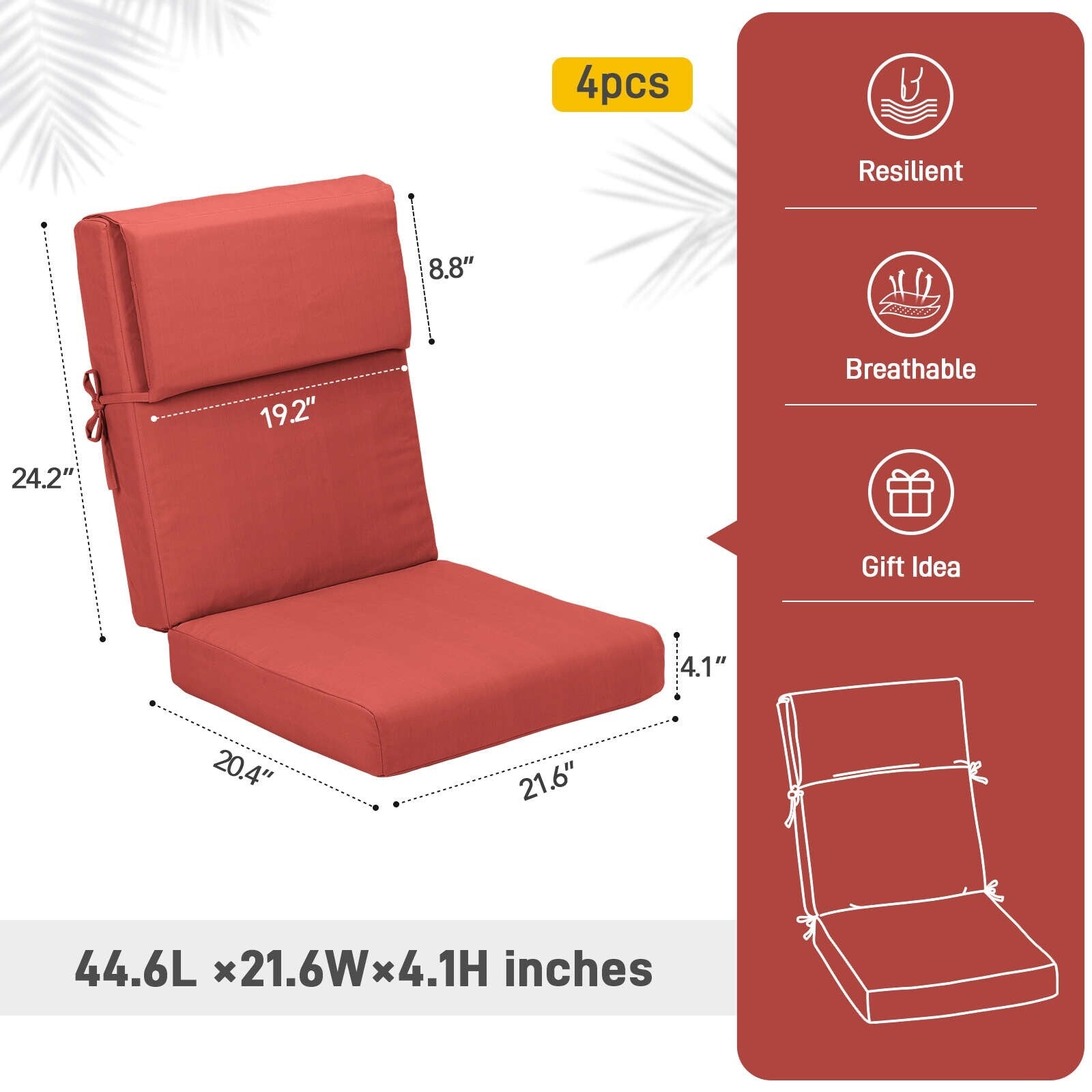 Aoodor Patio High Back Chair Cushions Set of 4, 46x21x4 Inches(Only Cushions)