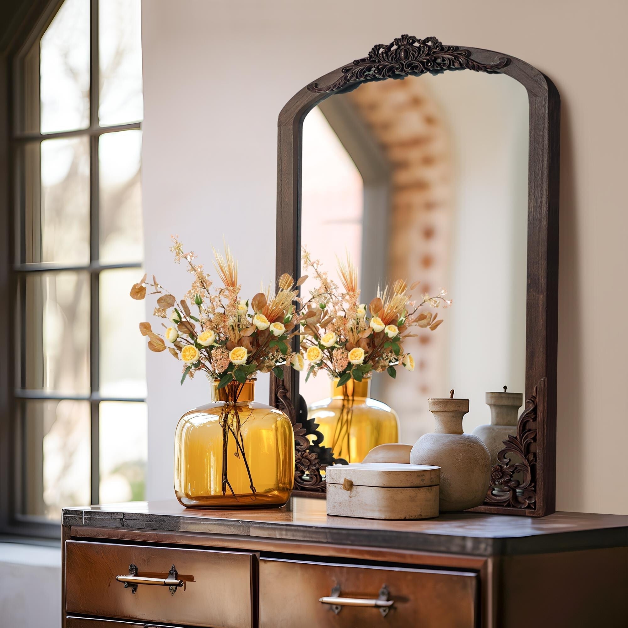 Arched Full-Length Solid Wood Carving Floor Mirror