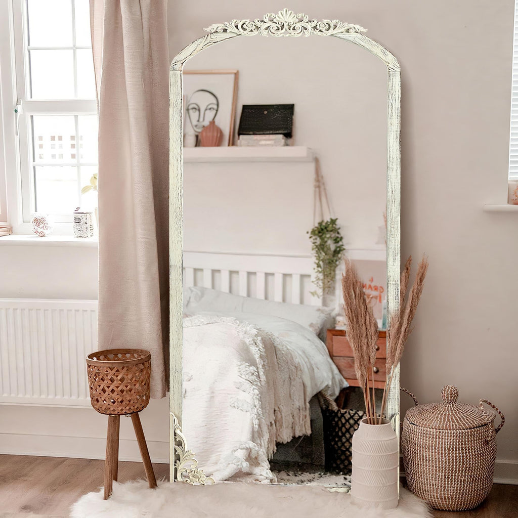 Arched Full-Length Solid Wood Carving Floor Mirror