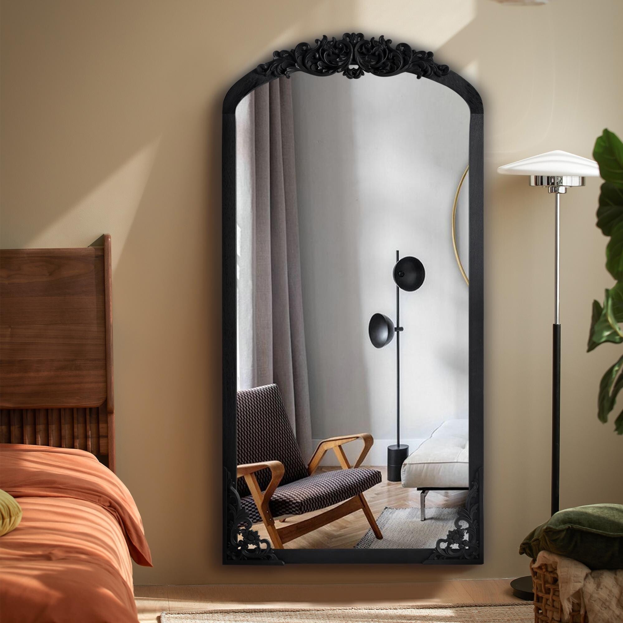 Arched Full-Length Solid Wood Carving Floor Mirror
