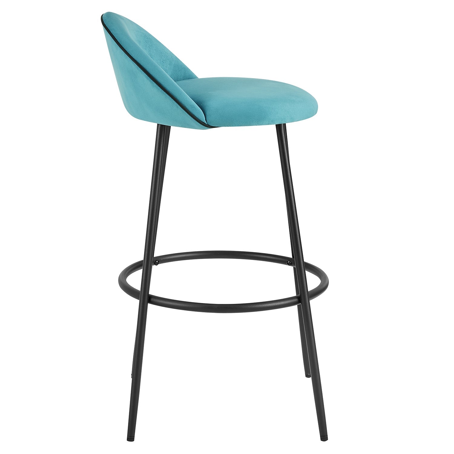 Barton Set of 2 Blue Velvet Upholstered Bar Stools with Contrast Piping