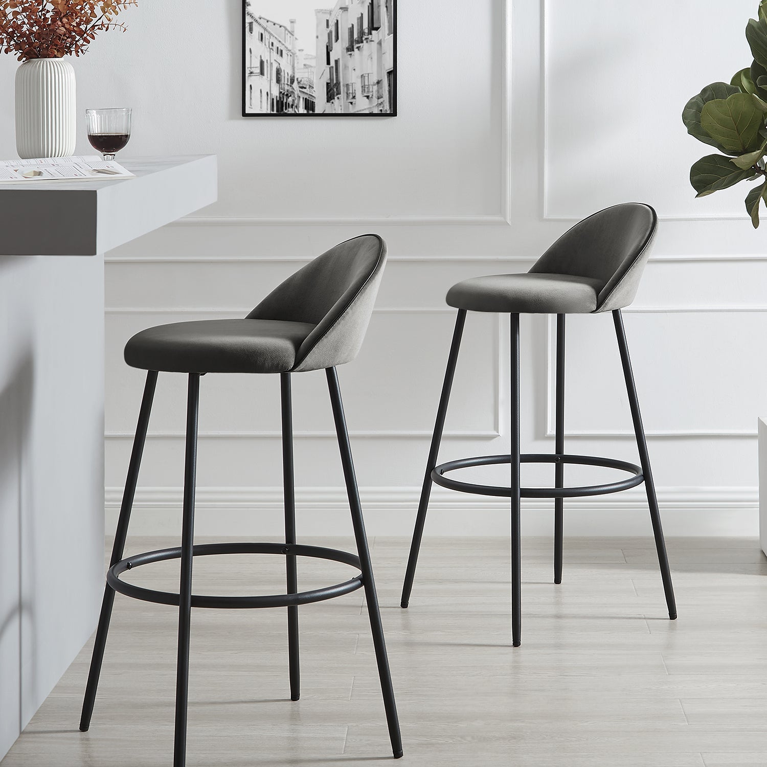 Barton Set of 2 Grey Velvet Upholstered Bar Stools with Contrast Piping