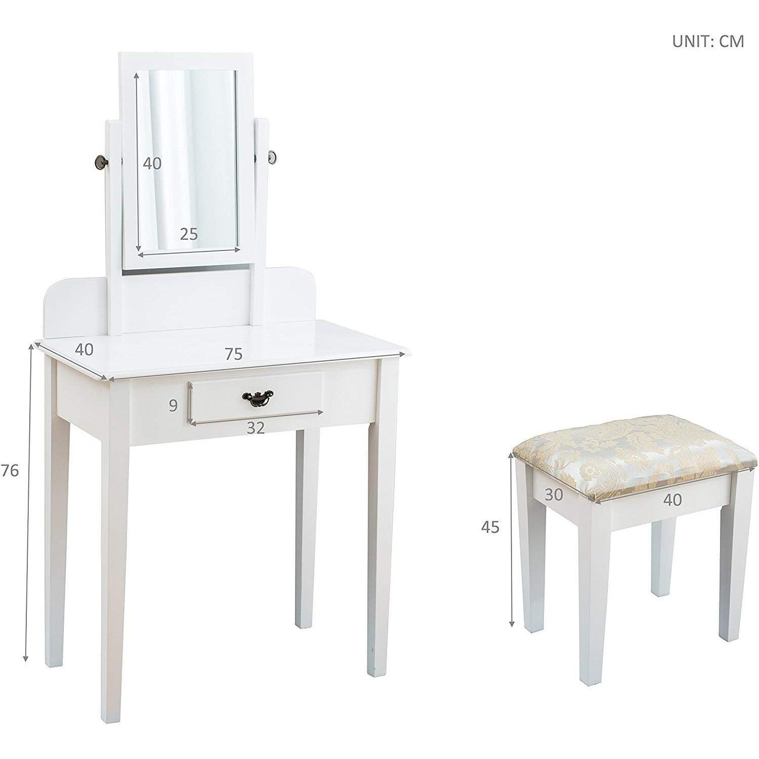 1-Drawer White Dressing Table with Stool & Single Square Mirror