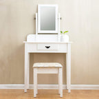 1-Drawer White Dressing Table with Stool & Single Square Mirror