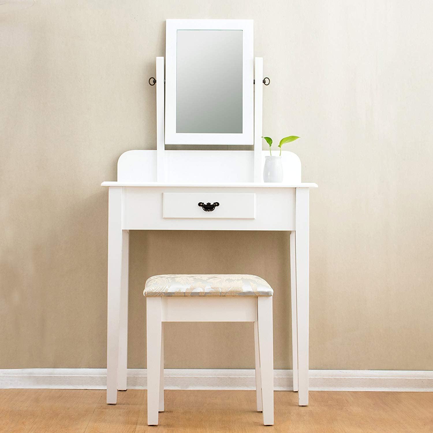 1-Drawer White Dressing Table with Stool & Single Square Mirror