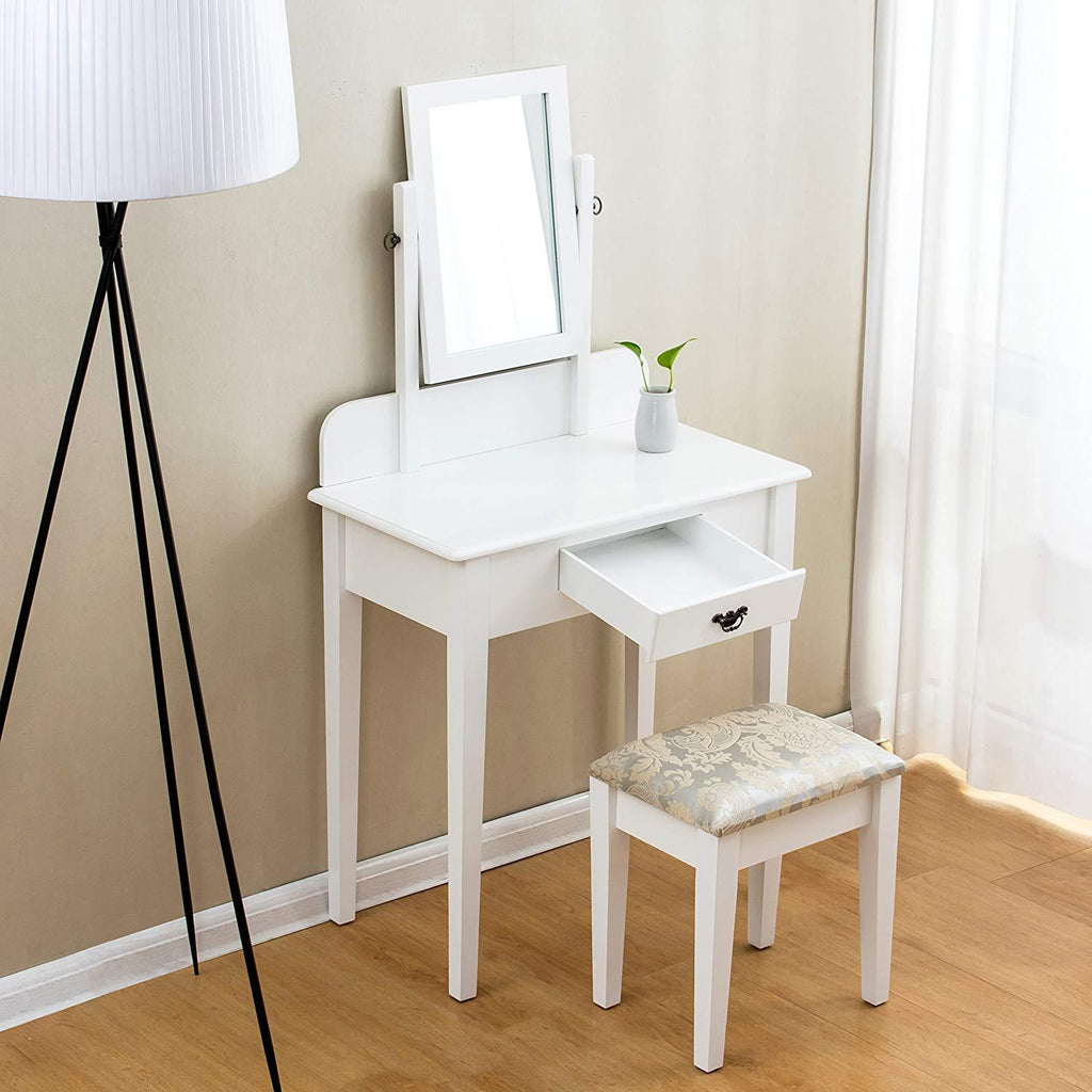 1-Drawer White Dressing Table with Stool & Single Square Mirror