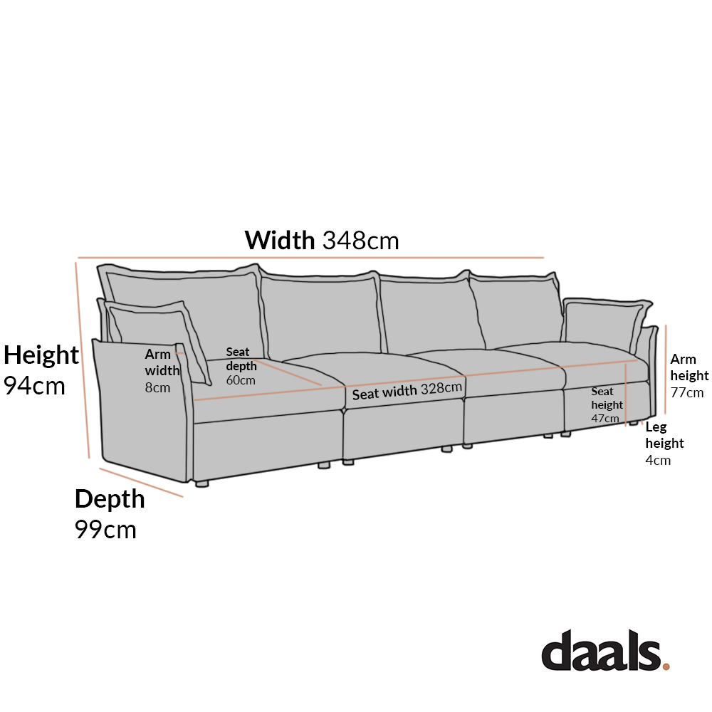 Byron Pillow Edge Beige Fabric Modular Sofa, 4-Seater