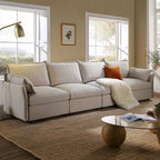 Byron Pillow Edge Beige Fabric Modular Sofa, 4-Seater