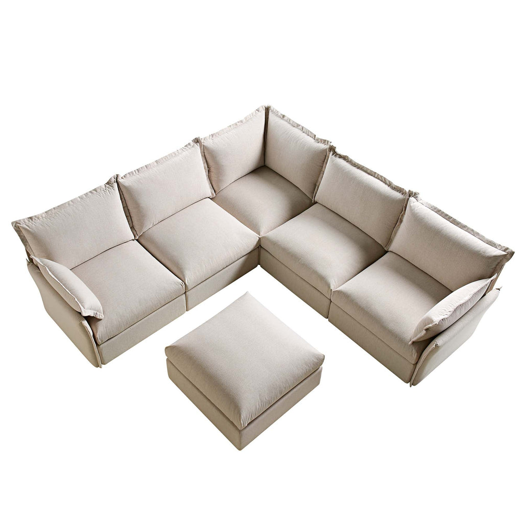 Byron Pillow Edge Beige Fabric Modular Sofa, 5-Seater Corner & Stool Set
