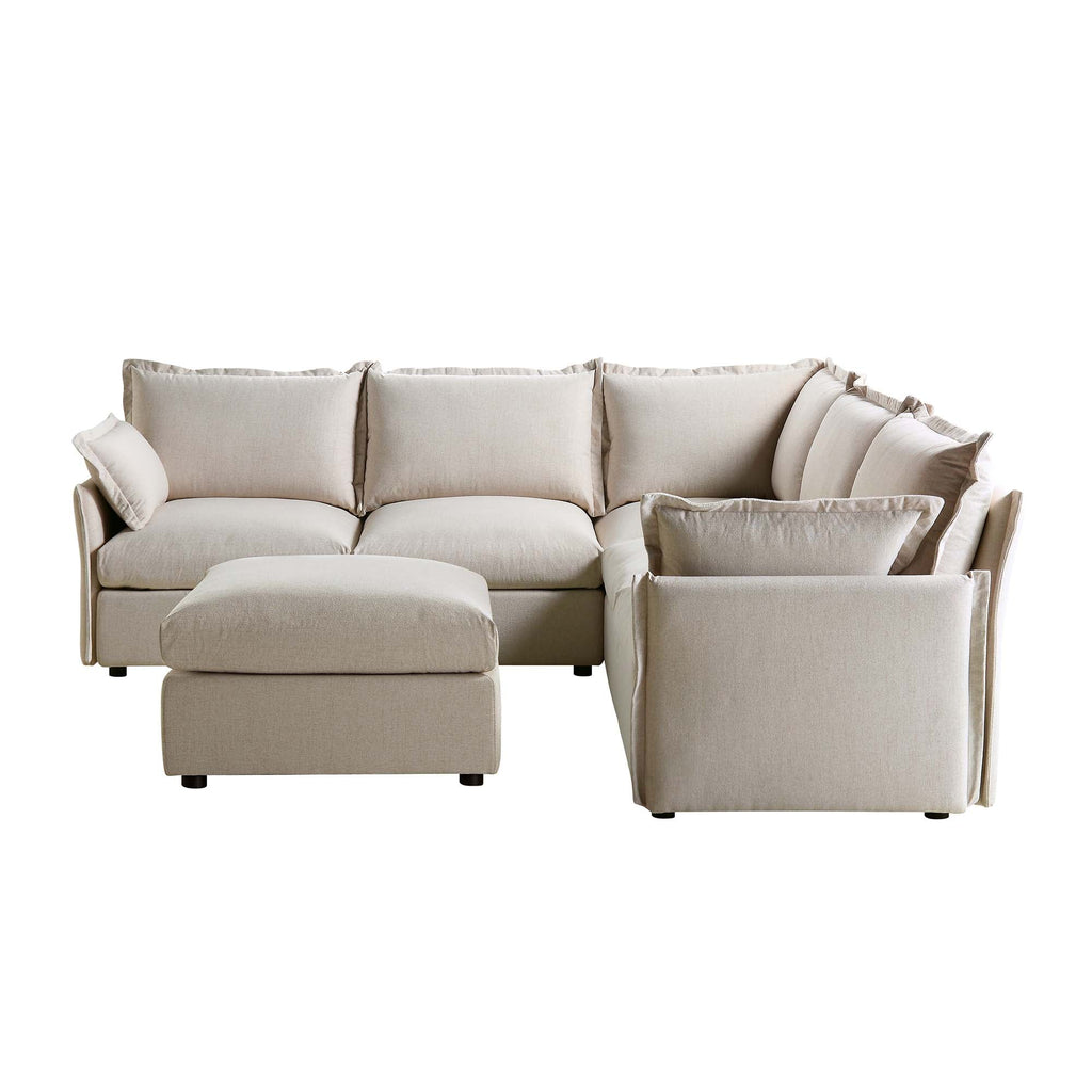 Byron Pillow Edge Beige Fabric Modular Sofa, 5-Seater Corner & Stool Set