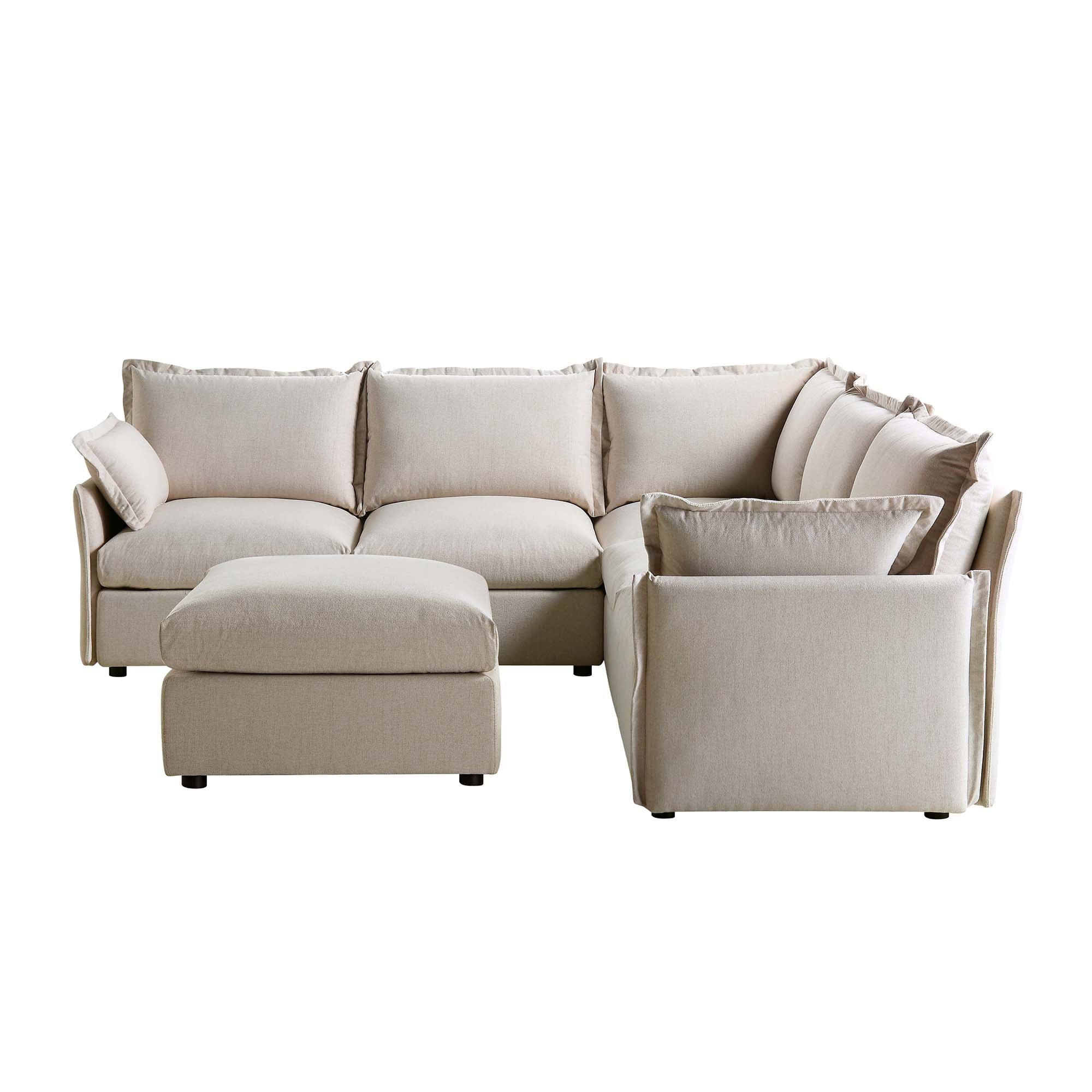 Byron Pillow Edge Beige Fabric Modular Sofa, 5-Seater Corner & Stool Set