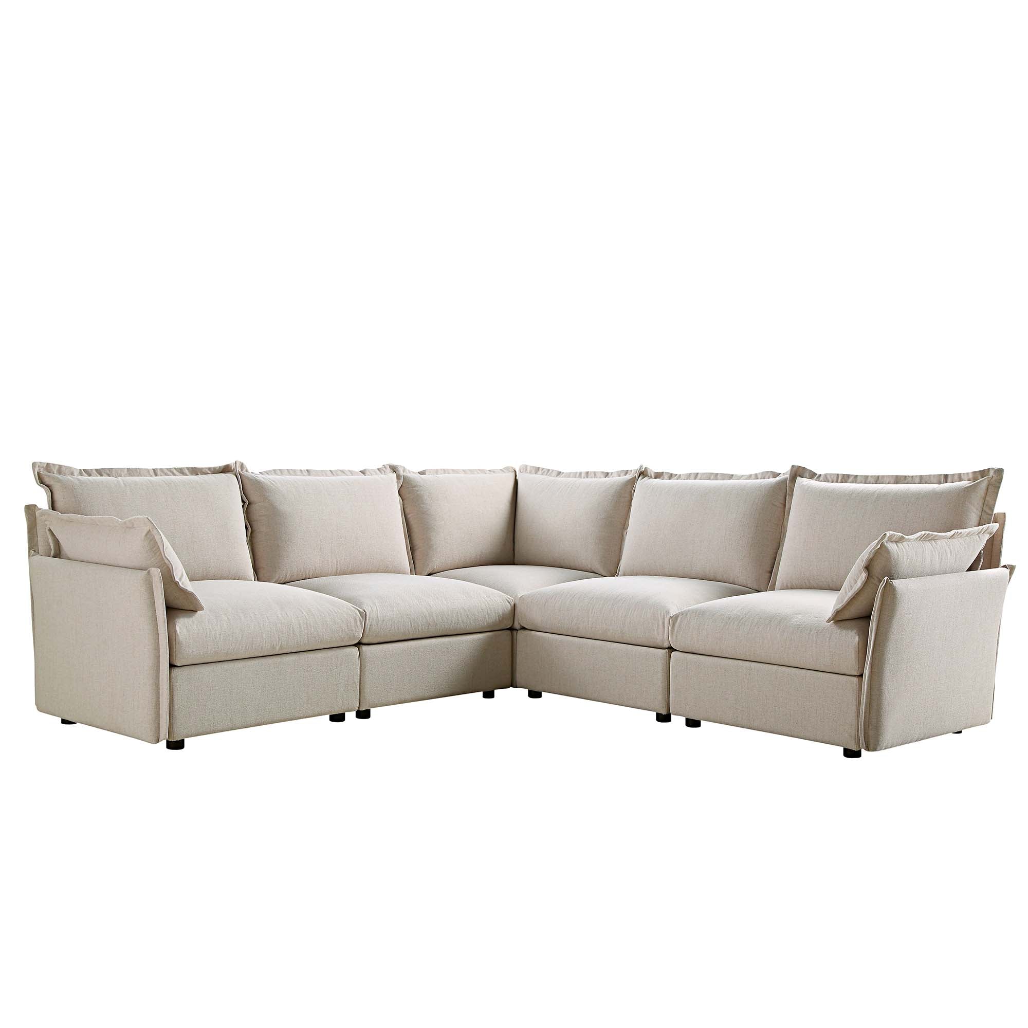 Byron Pillow Edge Beige Fabric Modular Sofa, 5-Seater Corner