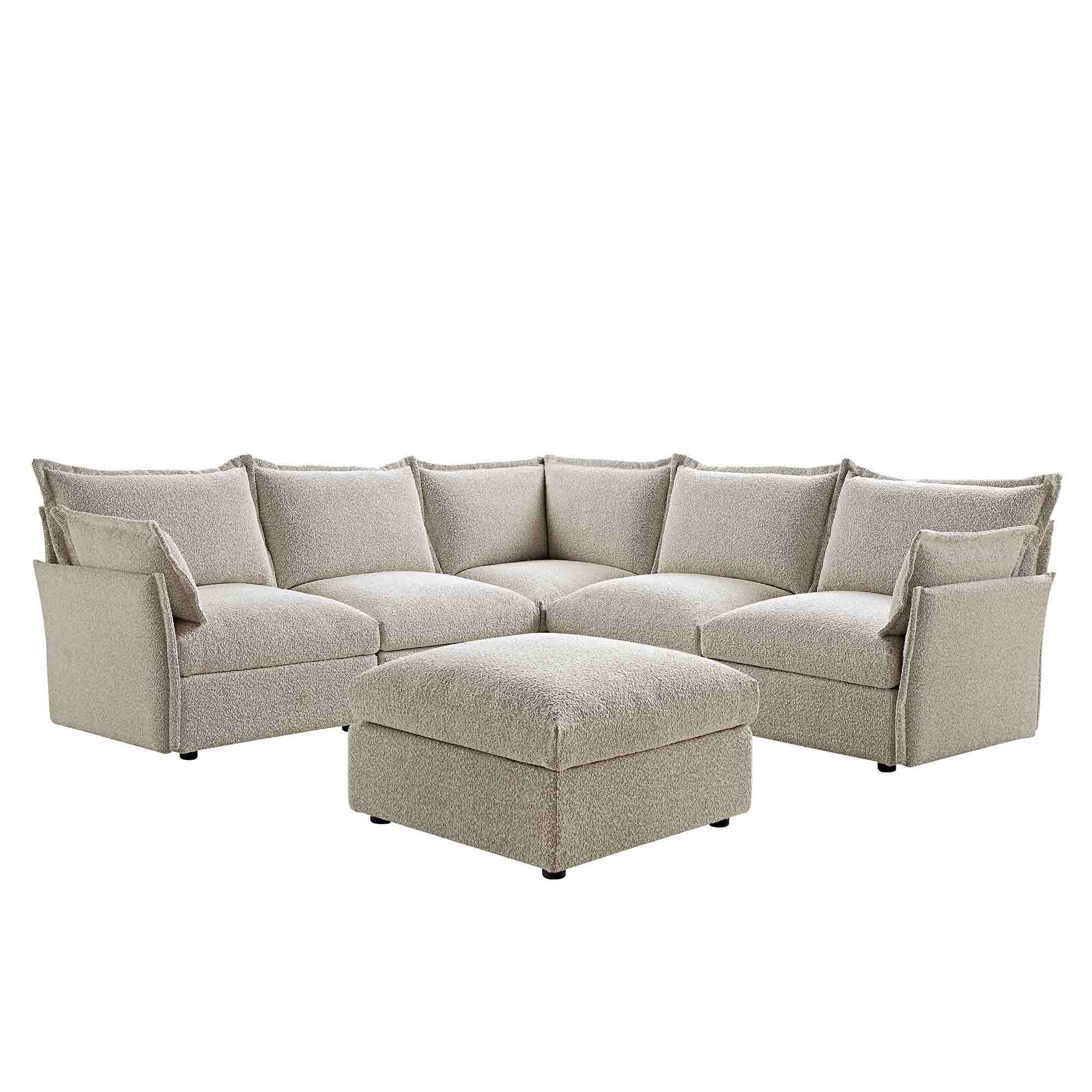 Byron Pillow Edge Mist Grey Boucle Modular Sofa, 5-Seater Corner & Stool Set