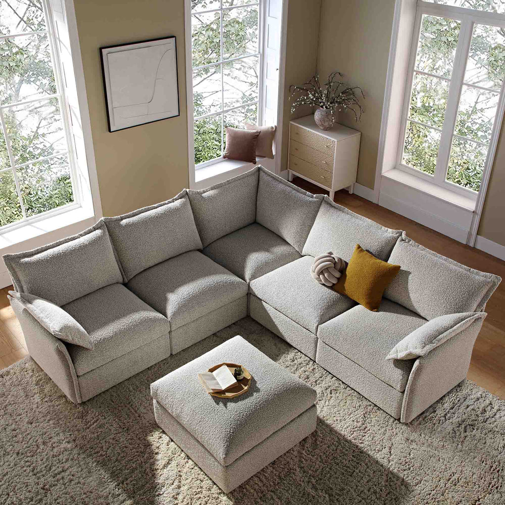 Byron Pillow Edge Mist Grey Boucle Modular Sofa, 5-Seater Corner & Stool Set