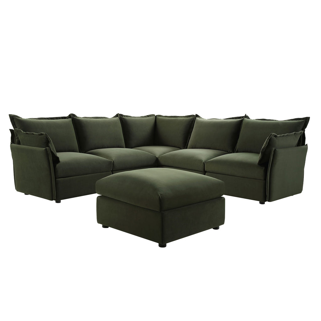 Byron Pillow Edge Moss Green Velvet Modular Sofa, 5-Seater Corner & Stool Set