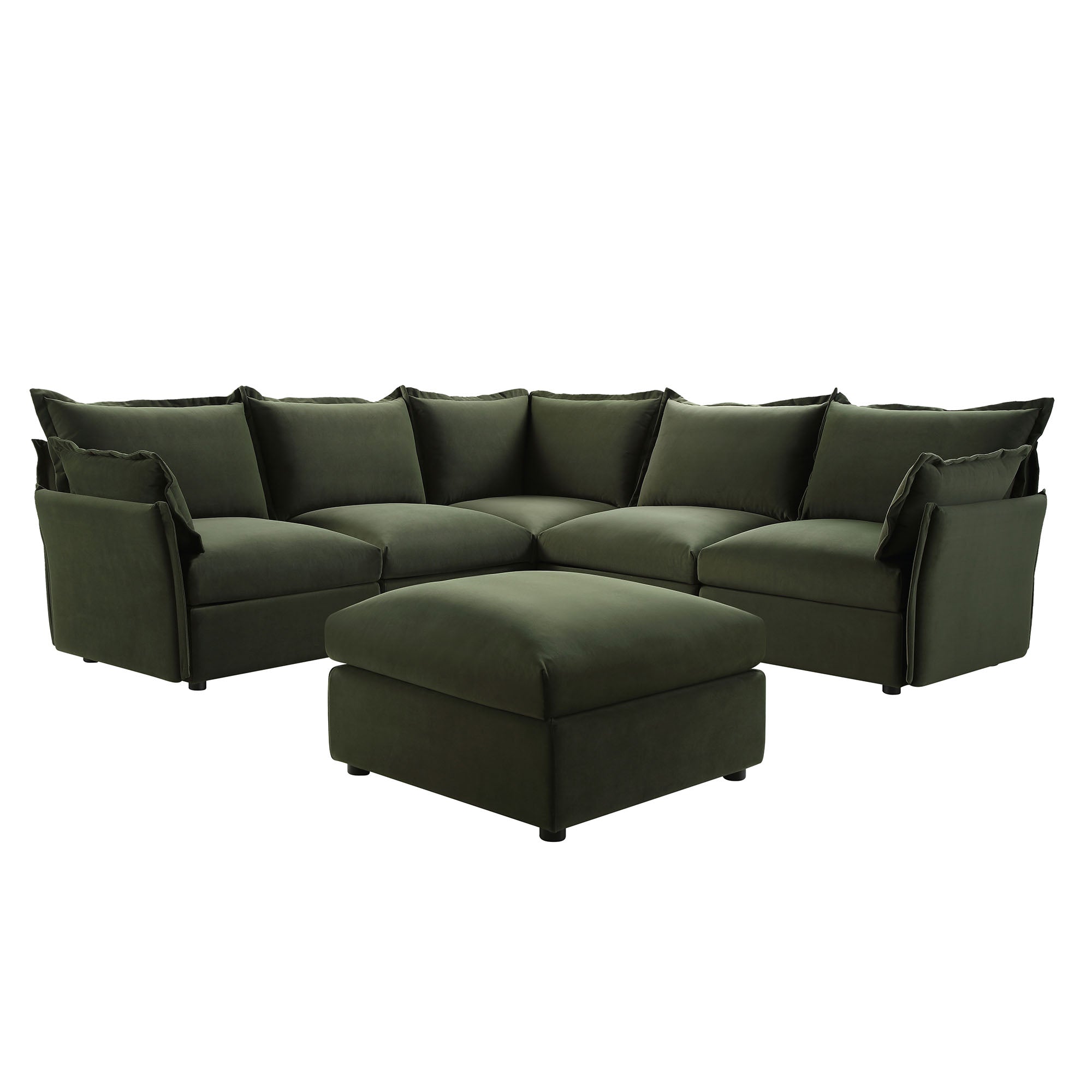 Byron Pillow Edge Moss Green Velvet Modular Sofa, 5-Seater Corner & Stool Set