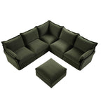 Byron Pillow Edge Moss Green Velvet Modular Sofa, 5-Seater Corner & Stool Set