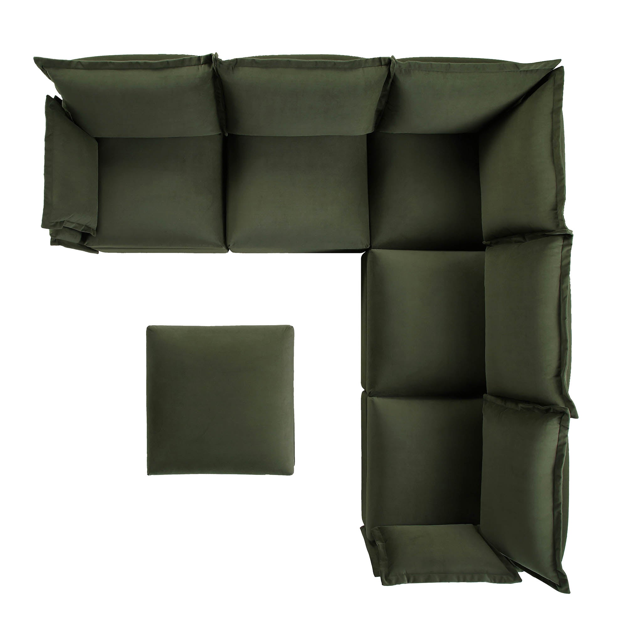 Byron Pillow Edge Moss Green Velvet Modular Sofa, 5-Seater Corner & Stool Set