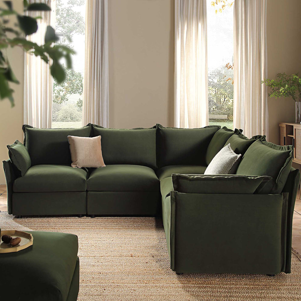 Byron Pillow Edge Moss Green Velvet Modular Sofa, 5-Seater Corner & Stool Set