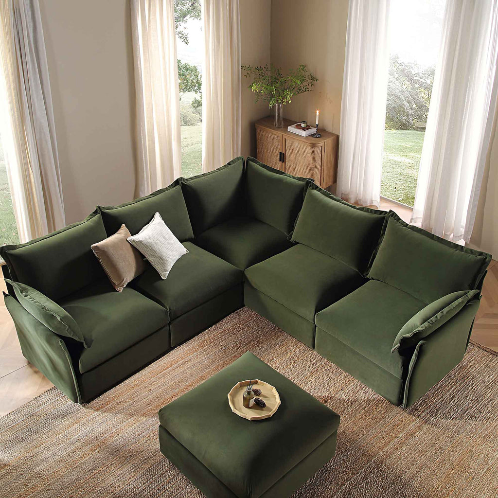 Byron Pillow Edge Moss Green Velvet Modular Sofa, 5-Seater Corner & Stool Set