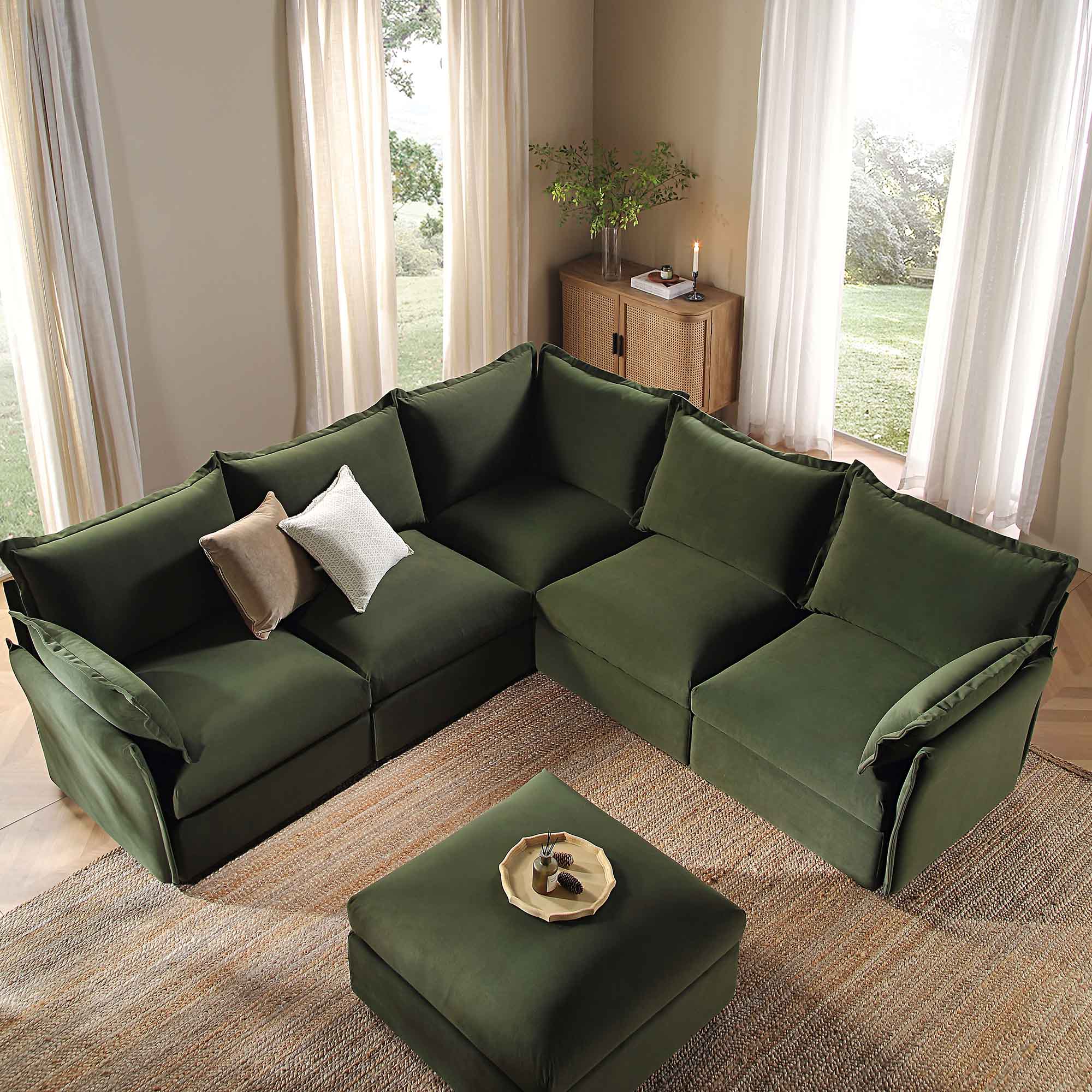 Byron Pillow Edge Moss Green Velvet Modular Sofa, 5-Seater Corner & Stool Set