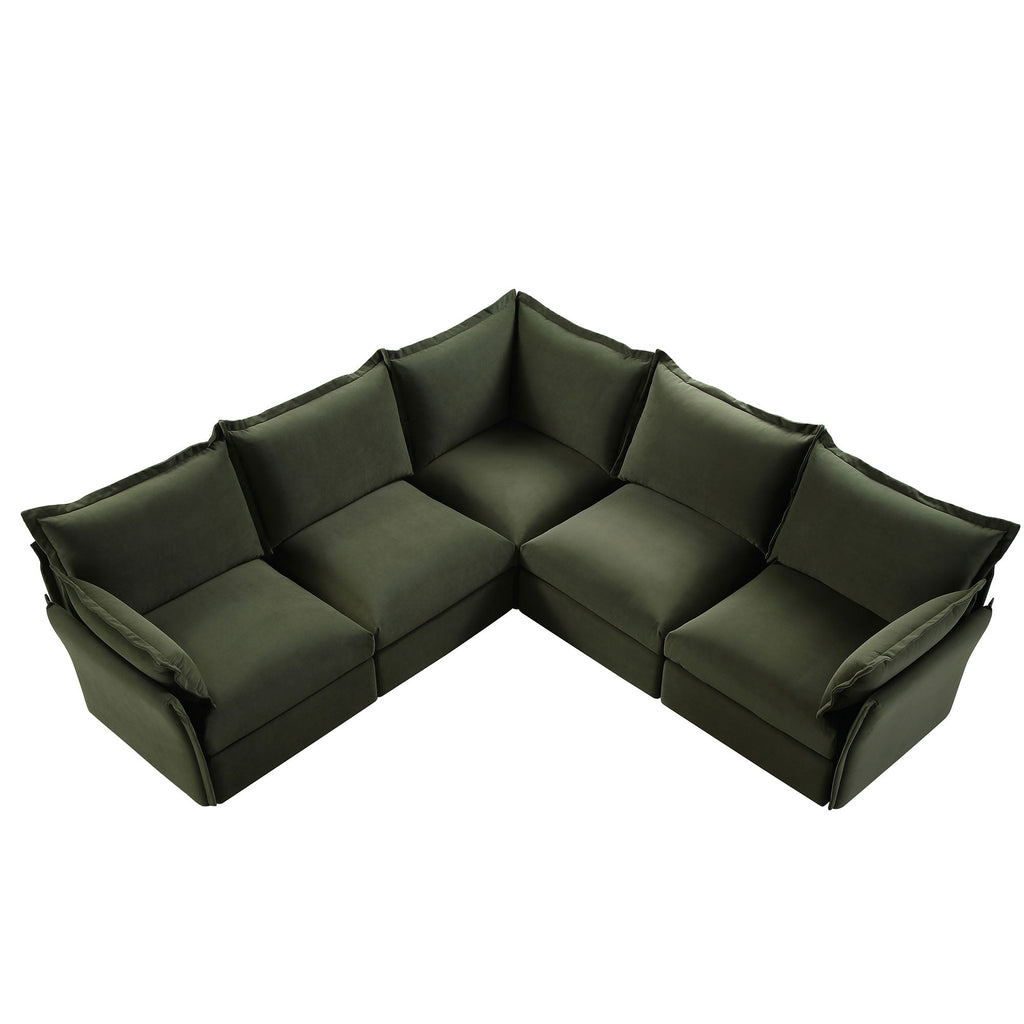 Byron Pillow Edge Moss Green Velvet Modular Sofa, 5-Seater Corner
