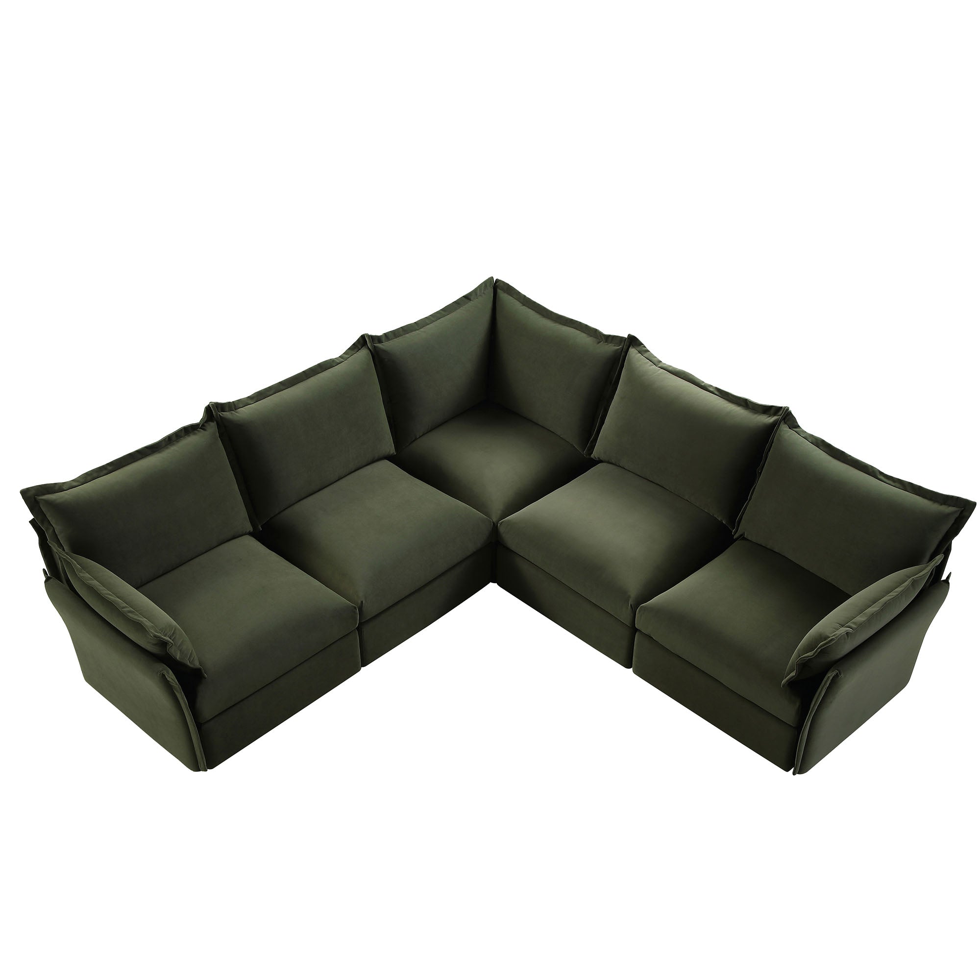 Byron Pillow Edge Moss Green Velvet Modular Sofa, 5-Seater Corner