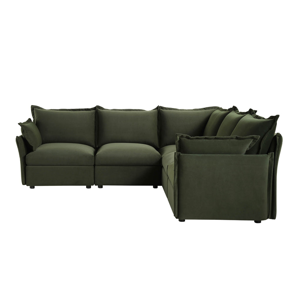 Byron Pillow Edge Moss Green Velvet Modular Sofa, 5-Seater Corner