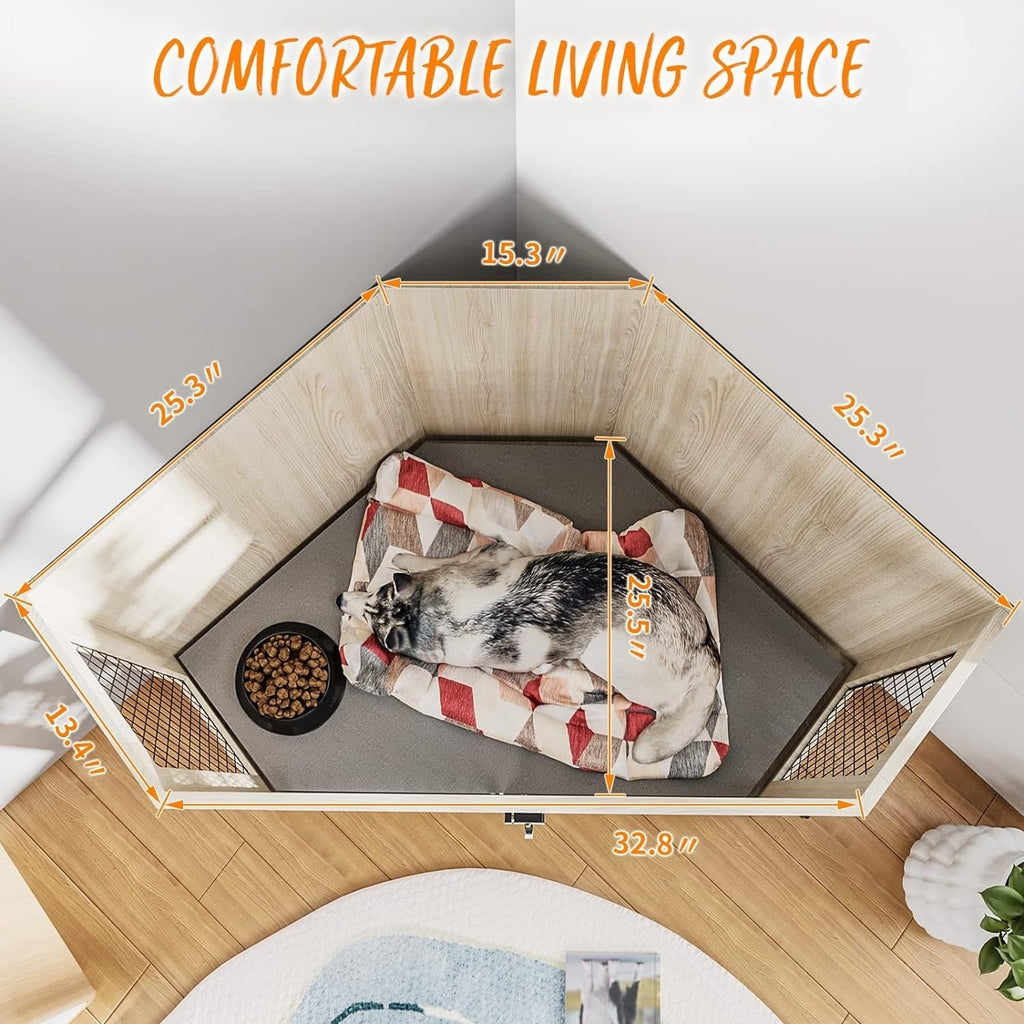 BOSSIN Corner Dog Crate Furniture,44/52 inch Wooden Dog Kennel Furniture with Mesh,Decorative Wood Dog House for Indoor use