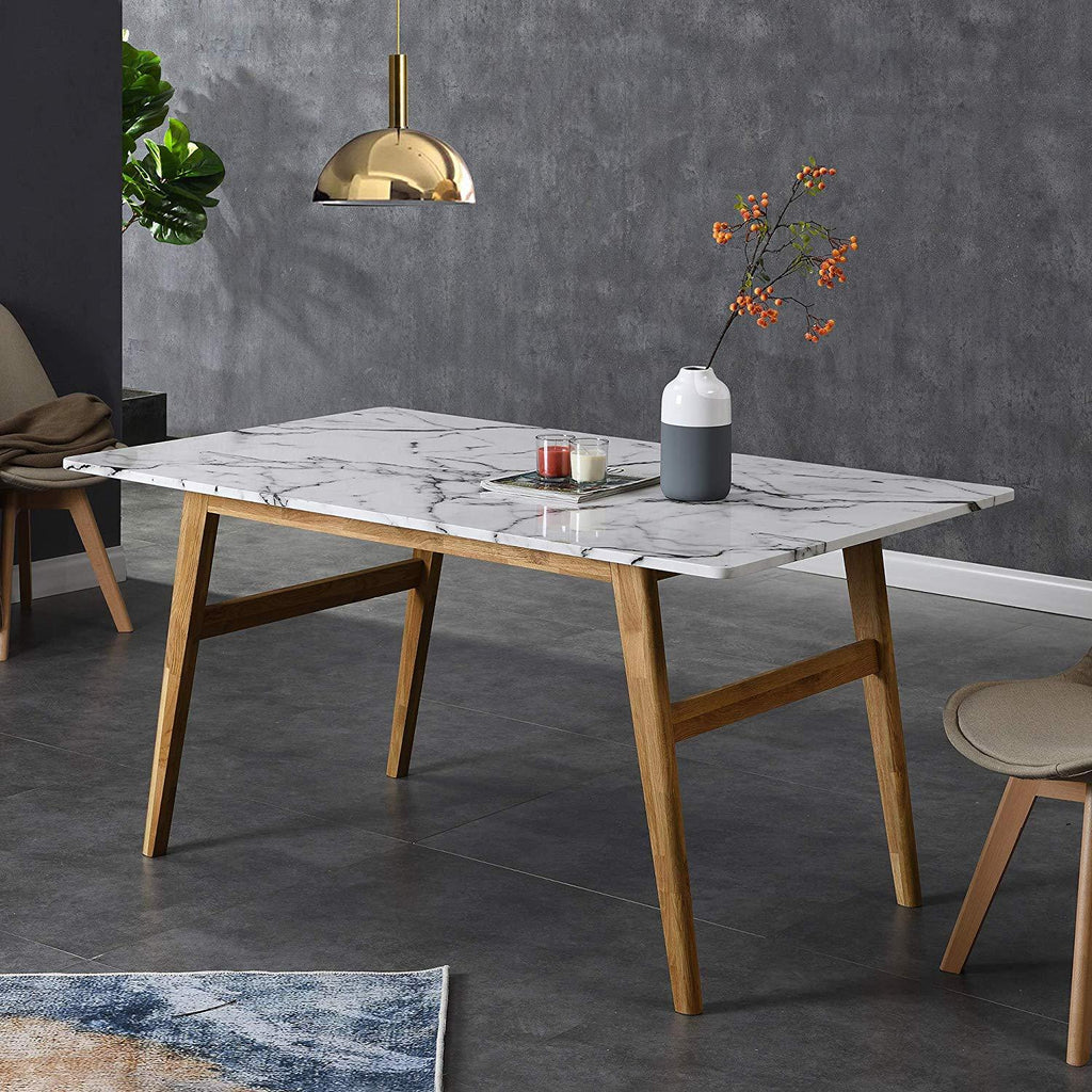 ASCONA White Marble Effect 6-Seater Dining Table with Solid Oak Legs