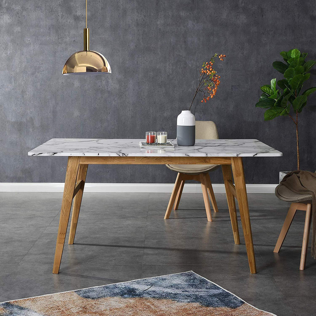 ASCONA White Marble Effect 6-Seater Dining Table with Solid Oak Legs