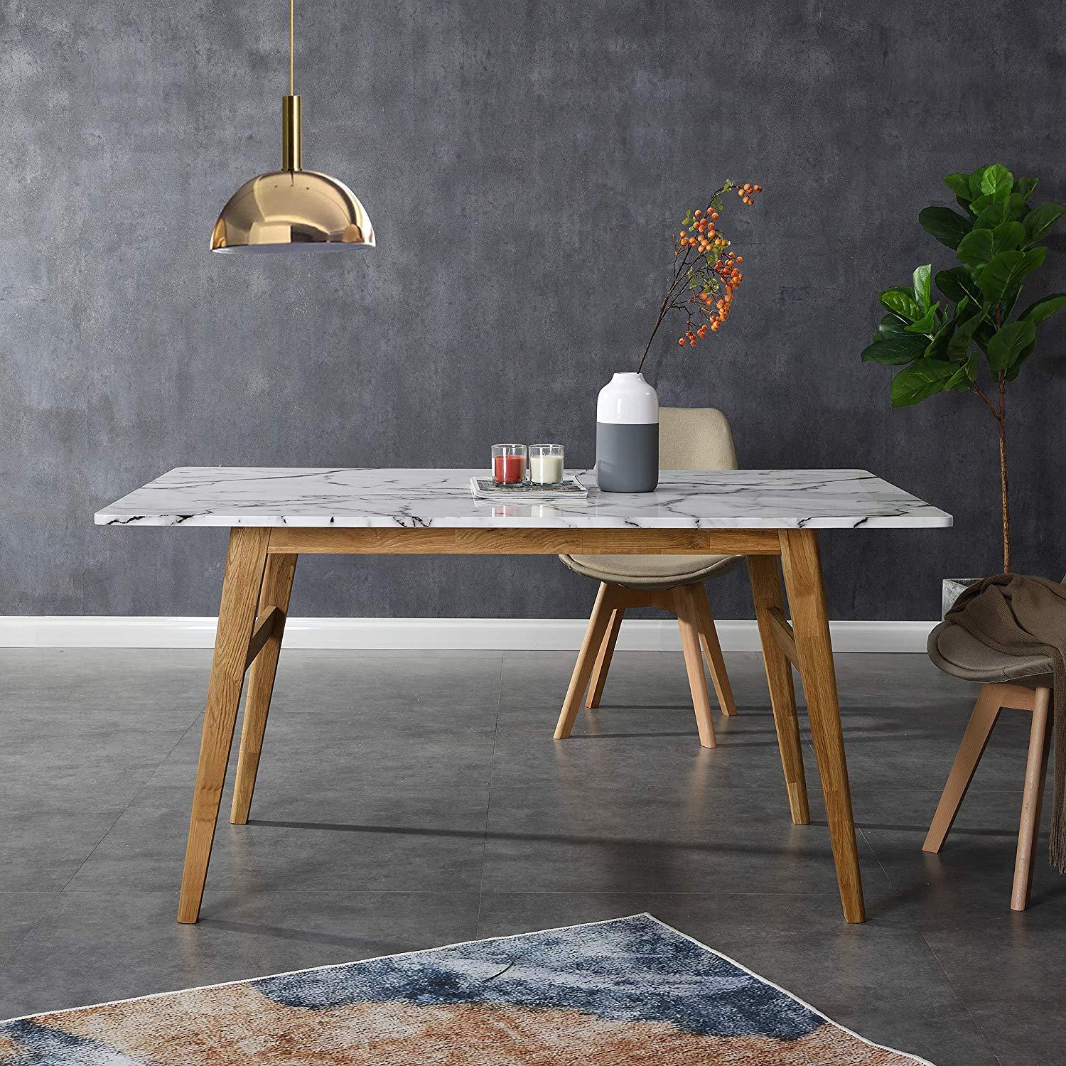 ASCONA White Marble Effect 6-Seater Dining Table with Solid Oak Legs