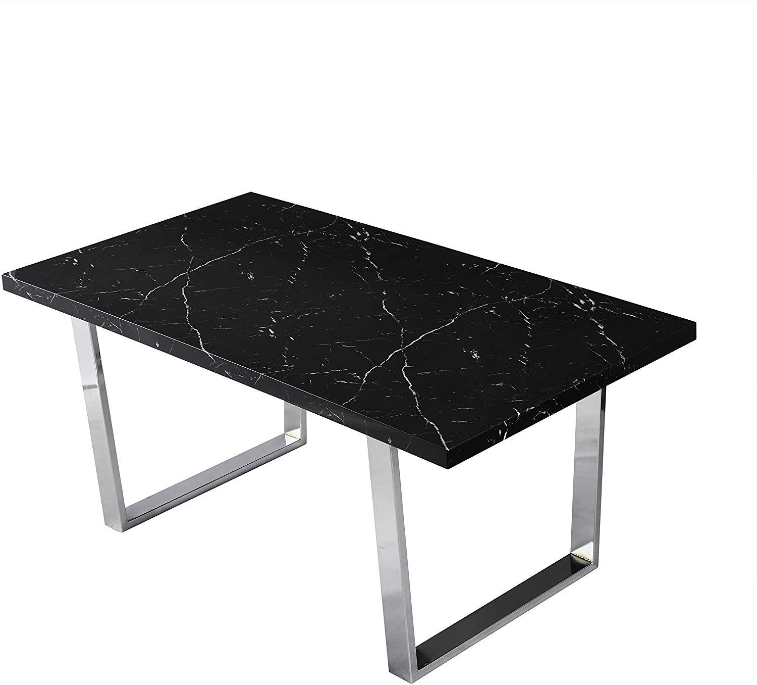 BIASCA 6-Seater High Gloss Marble Effect Dining Table with Silver Chrome Legs Black