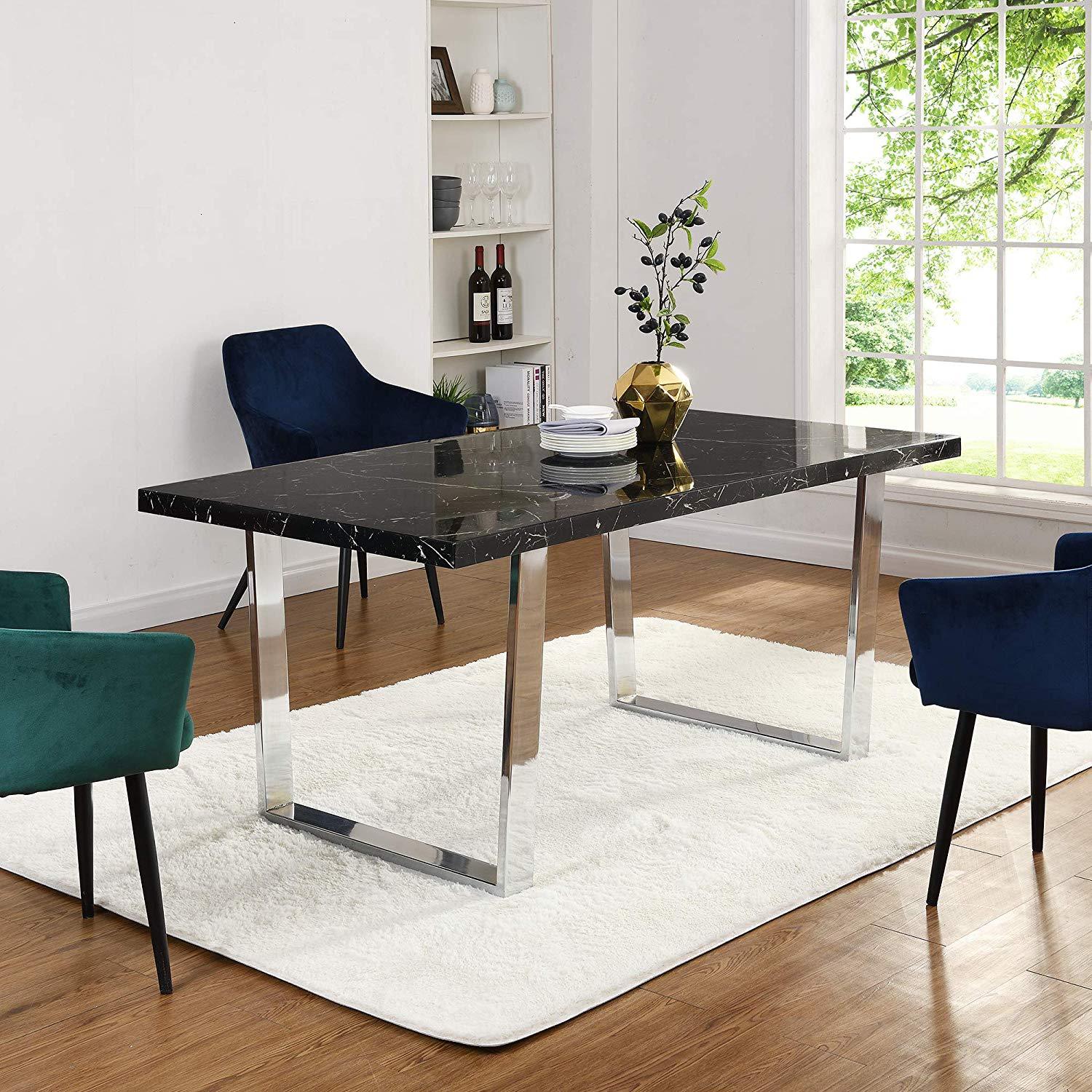 BIASCA 6-Seater High Gloss Marble Effect Dining Table with Silver Chrome Legs Black