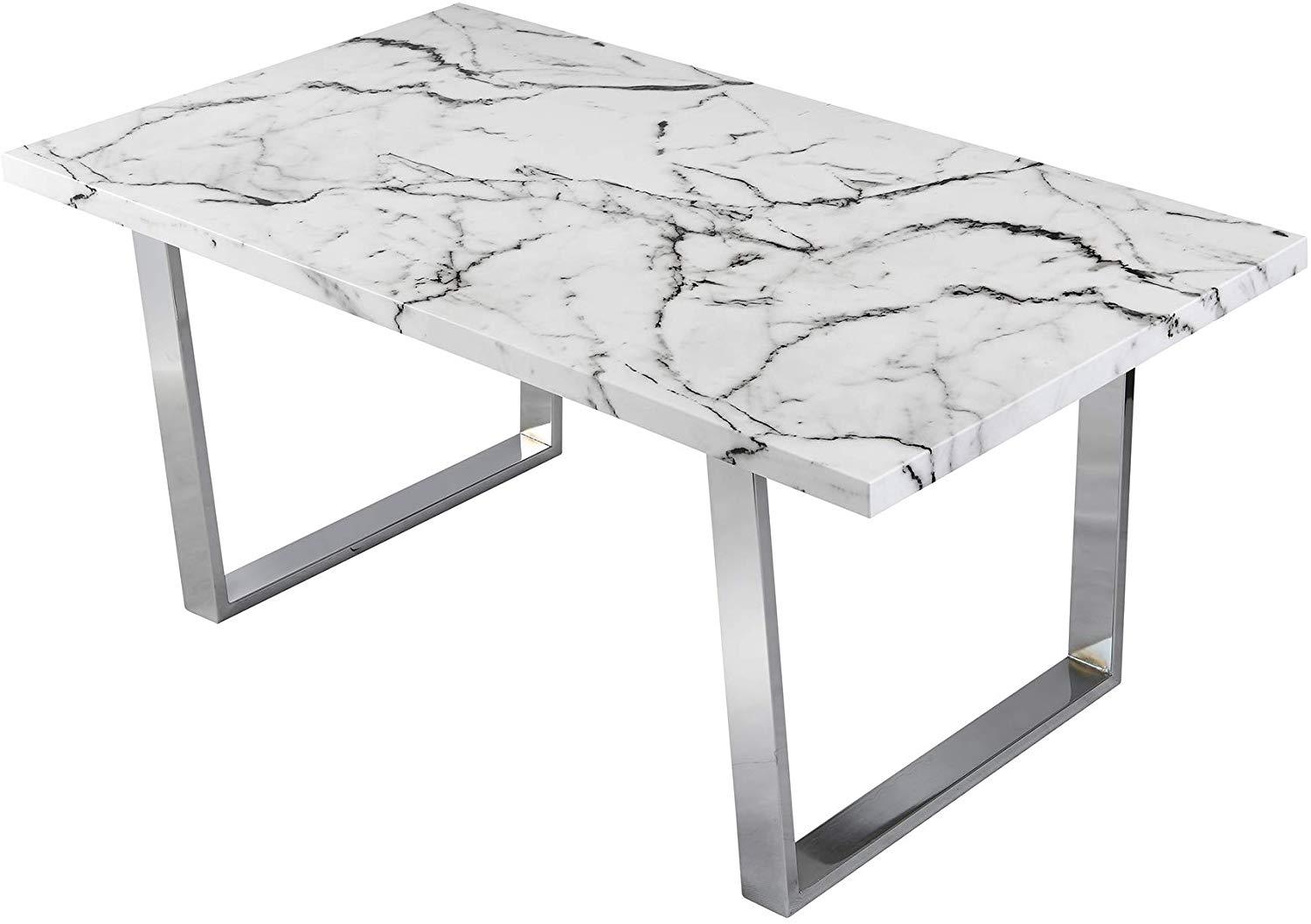 BIASCA 6-Seater High Gloss Marble Effect Dining Table with Silver Chrome Legs White