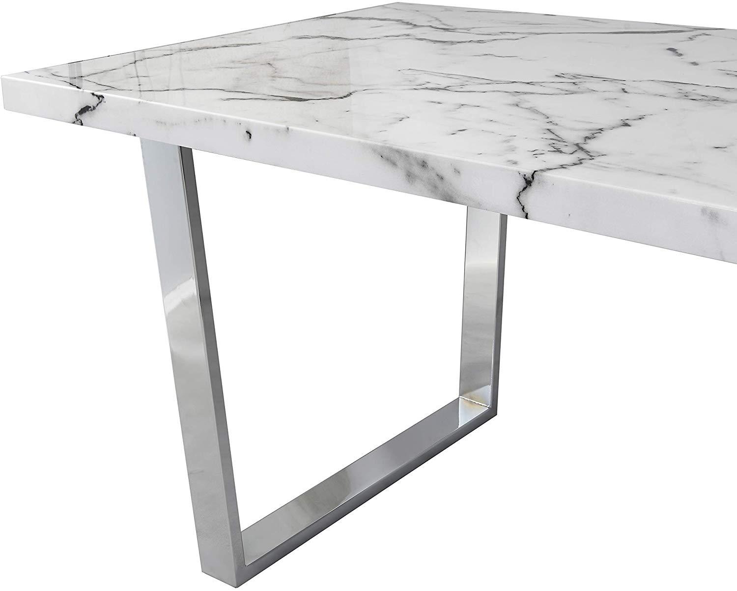BIASCA 6-Seater High Gloss Marble Effect Dining Table with Silver Chrome Legs White