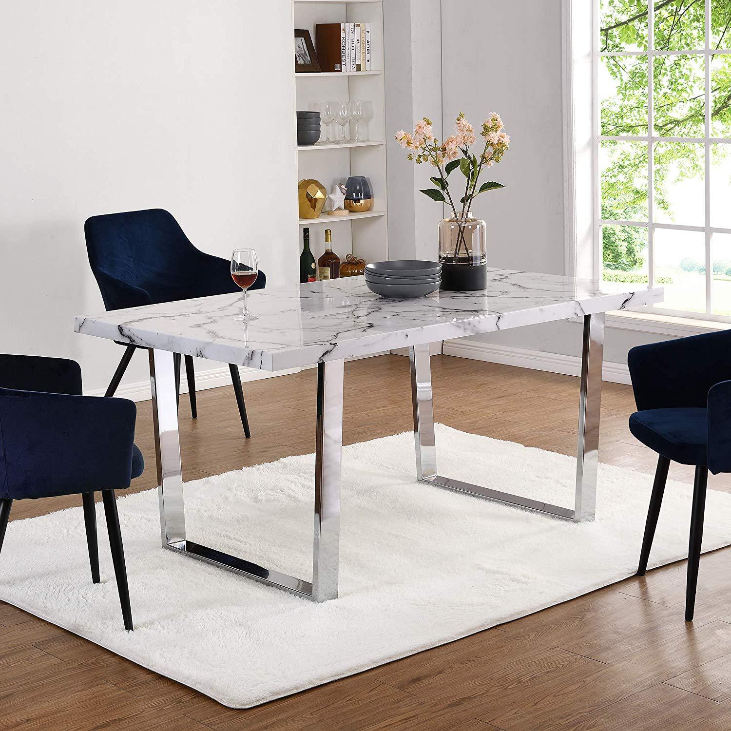 BIASCA 6-Seater High Gloss Marble Effect Dining Table with Silver Chrome Legs White