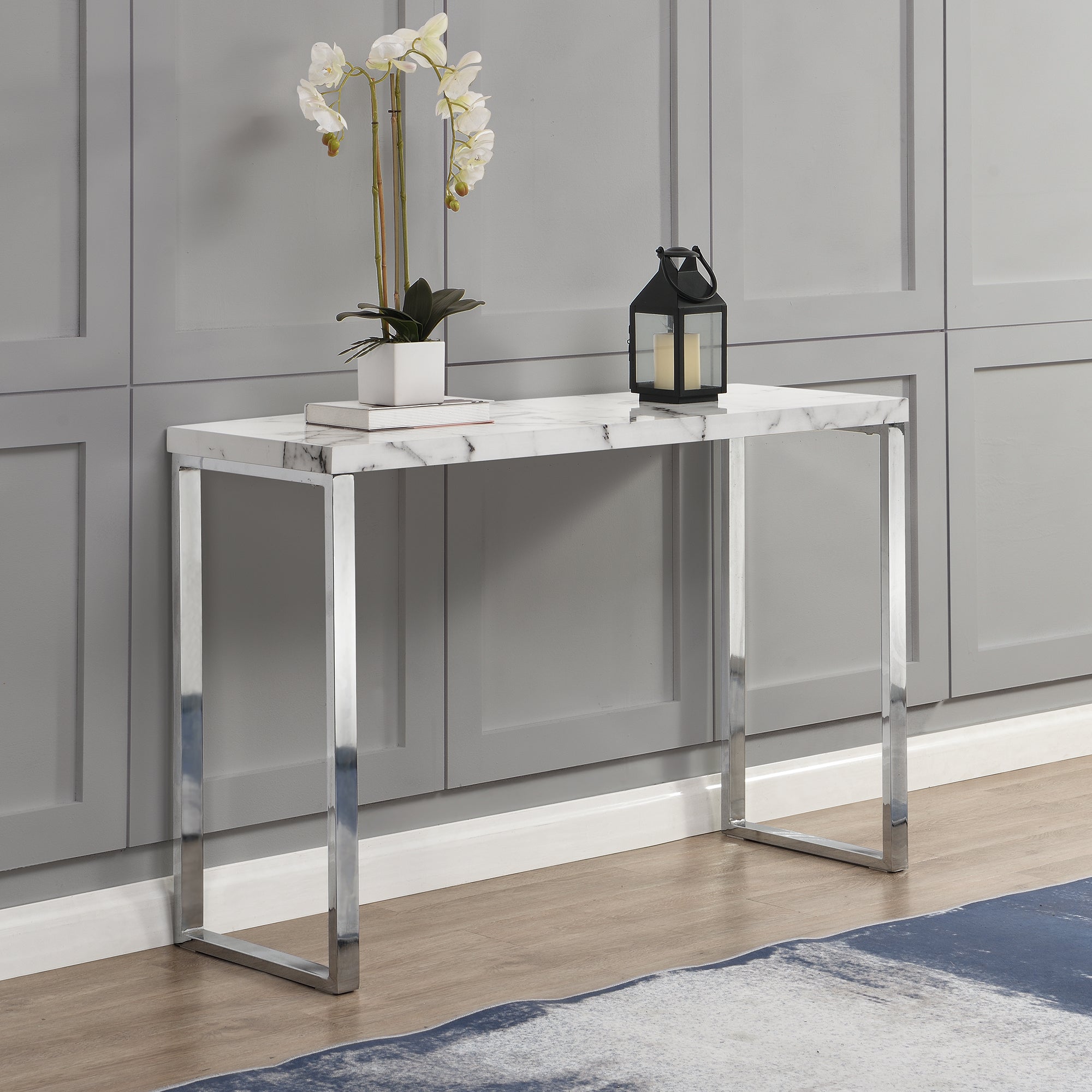 BIASCA High Gloss Marble Effect 120cm Console Table with Silver Chrome Legs