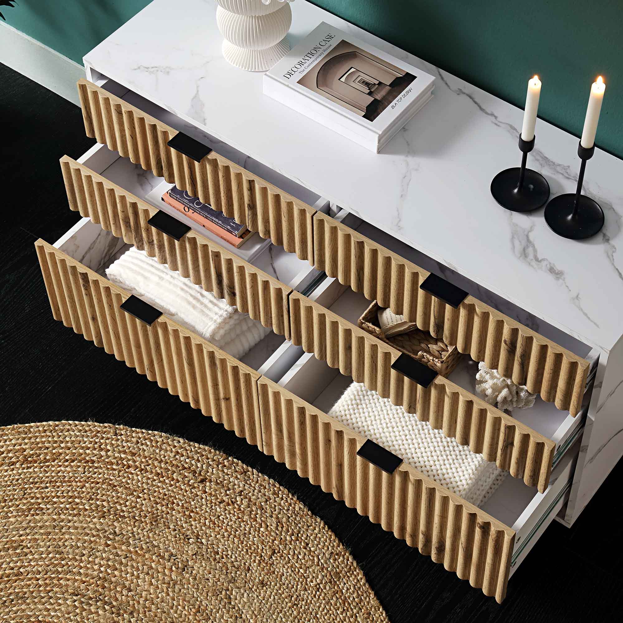 Aspen Oak and Marble Effect 6-Drawer Chest of Drawers