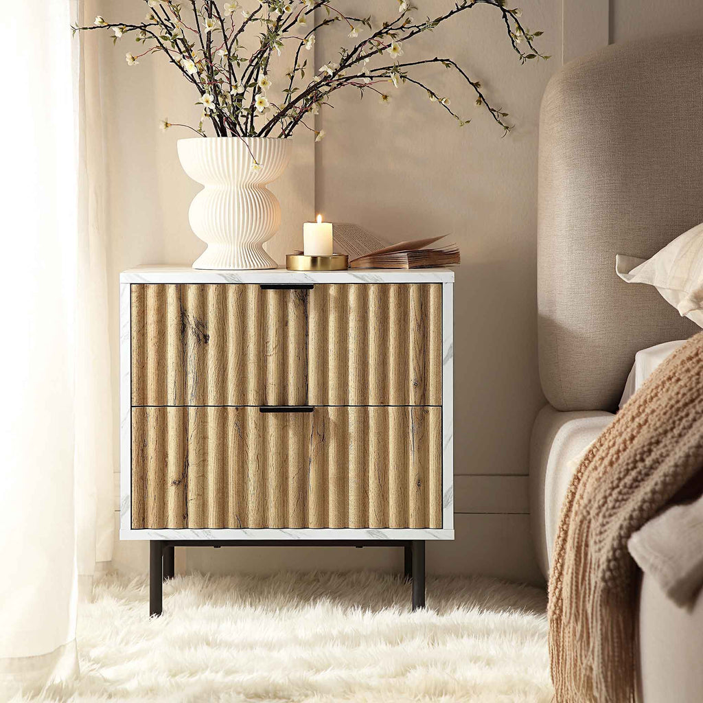 Aspen Oak and Marble Effect 2-Drawer Bedside Table